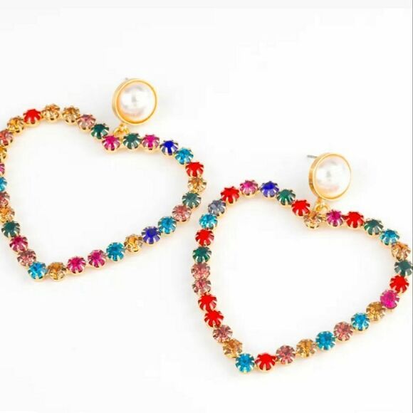 BRAND NEW CRYSTAL AVENUE AMULTI-COLOR   MULTI-COLOR RHINESTONE  HEART EARRINGS - Picture 1 of 10